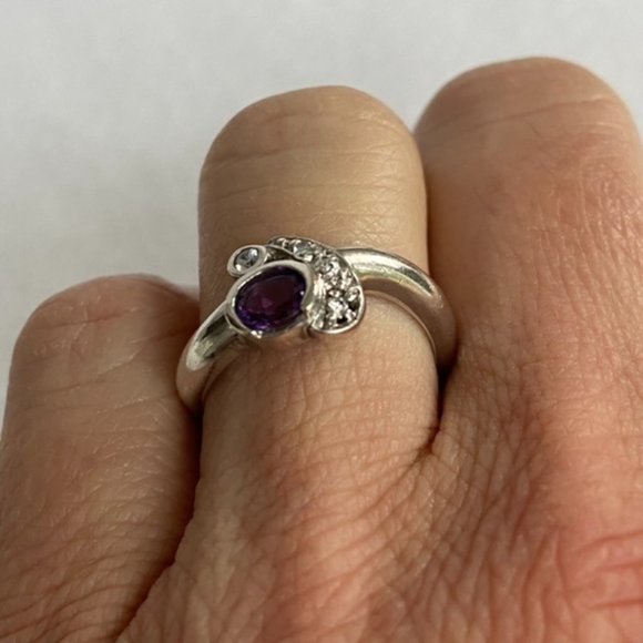 Sterling Silver 925 Oval Faceted Amethyst Modernist Ring Crystal Accents Size 6 - Picture 4 of 11